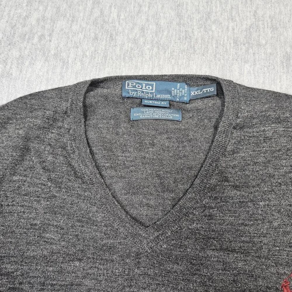 Polo Ralph Lauren Sweater Mens 2XL Gray Merino Wool V-Neck Embroidered Pony
